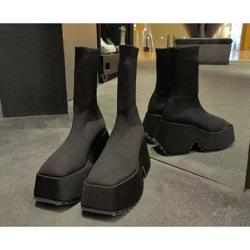 666 SHOP 「台灣現貨」35-42碼10公分歐美大碼彈力針織厚底方頭彈力鬆糕厚底靴襪靴短靴長靴-細節圖8