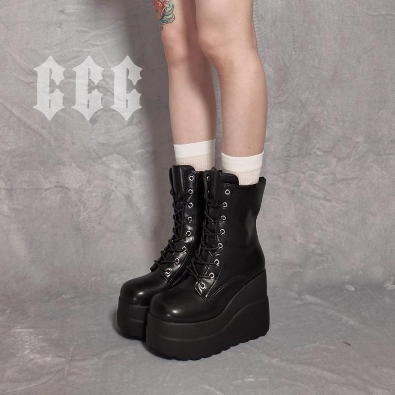 666 SHOP 「台灣現貨」36-42碼11cm暗側拉鍊繫繩黑Y2K亞比個性朋克酷帥鬆糕坡跟靴高筒中筒短筒靴-細節圖2