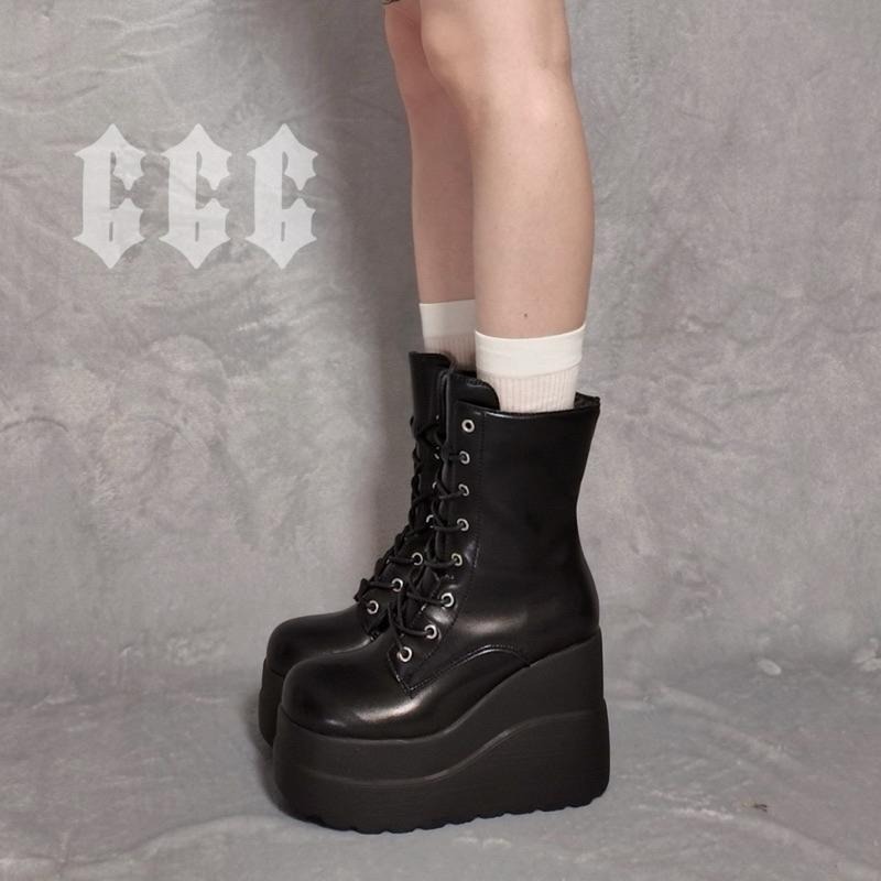 666 SHOP 「台灣現貨」36-42碼11cm暗側拉鍊繫繩黑Y2K亞比個性朋克酷帥鬆糕坡跟靴高筒中筒短筒靴-細節圖3