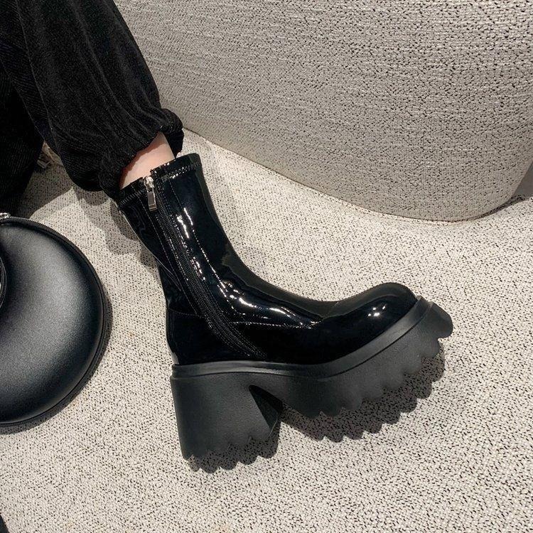 666 SHOP 「台灣現貨」35-42碼歐美百搭切爾西過膝靴長靴顯瘦高筒靴方頭粗高跟長筒靴小個子厚底騎士靴-細節圖3