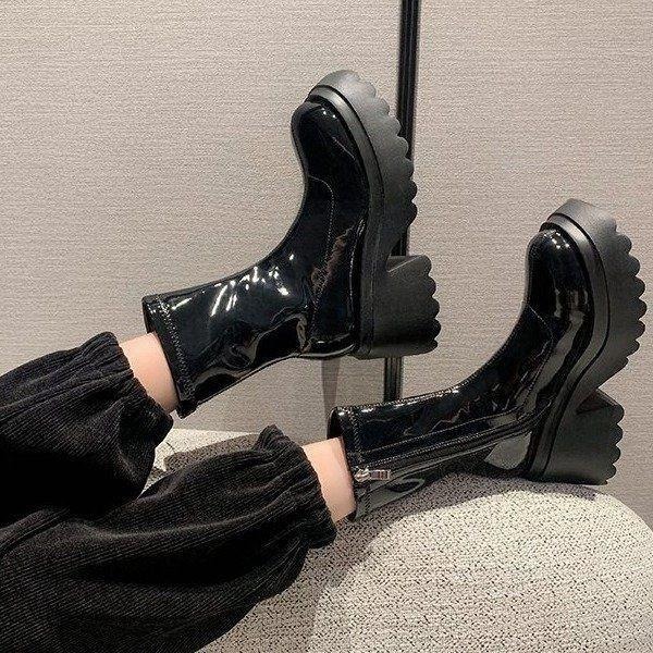 666 SHOP 「台灣現貨」35-42碼歐美百搭切爾西過膝靴長靴顯瘦高筒靴方頭粗高跟長筒靴小個子厚底騎士靴-細節圖5