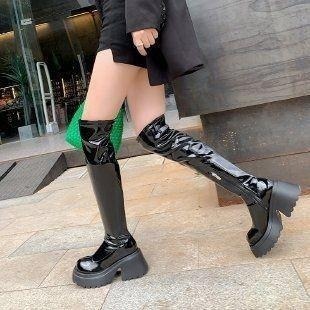 666 SHOP 「台灣現貨」35-42碼歐美百搭切爾西過膝靴長靴顯瘦高筒靴方頭粗高跟長筒靴小個子厚底騎士靴-細節圖6