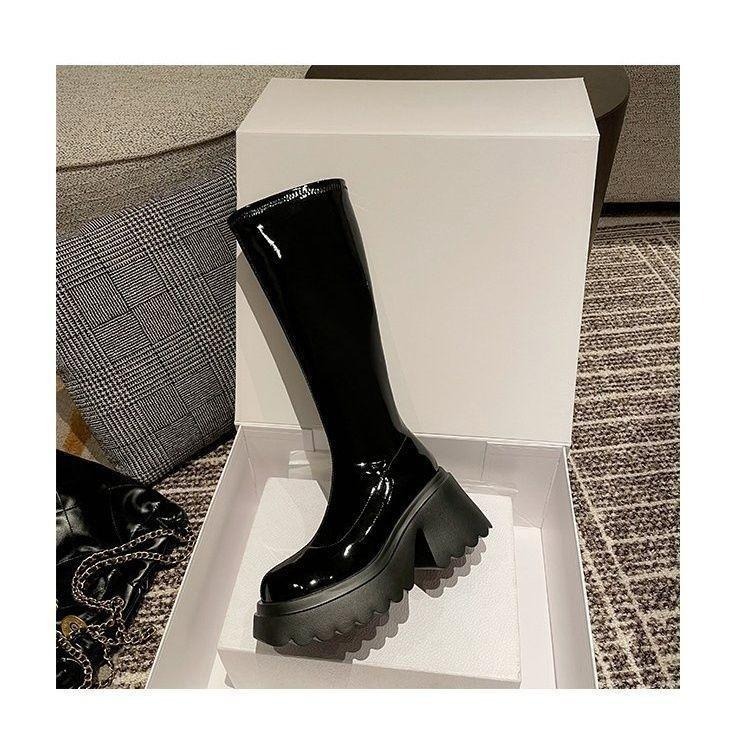 666 SHOP 「台灣現貨」35-42碼歐美百搭切爾西過膝靴長靴顯瘦高筒靴方頭粗高跟長筒靴小個子厚底騎士靴-細節圖8