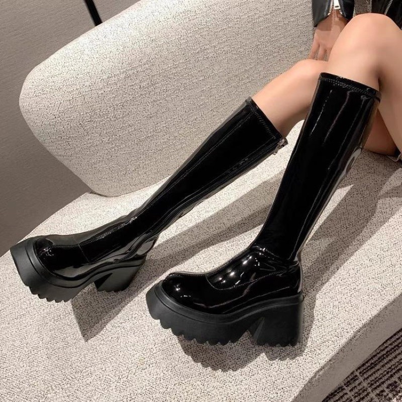 666 SHOP 「台灣現貨」35-42碼歐美百搭切爾西過膝靴長靴顯瘦高筒靴方頭粗高跟長筒靴小個子厚底騎士靴-規格圖9