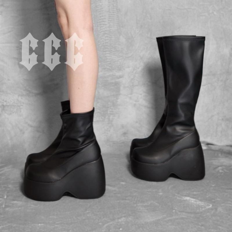 666 SHOP 「台灣現貨」35-43大碼10公分Y2K歐美中性暗黑厚底朋克風厚底增高坡跟高筒男女靴-細節圖2