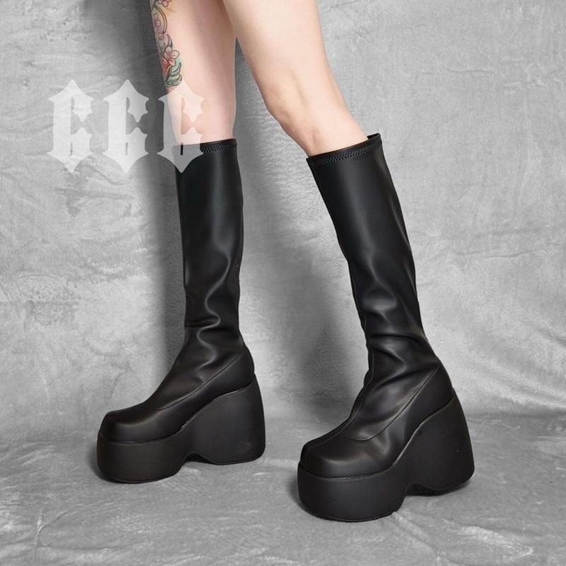 666 SHOP 「台灣現貨」35-43大碼10公分Y2K歐美中性暗黑厚底朋克風厚底增高坡跟高筒男女靴-細節圖4