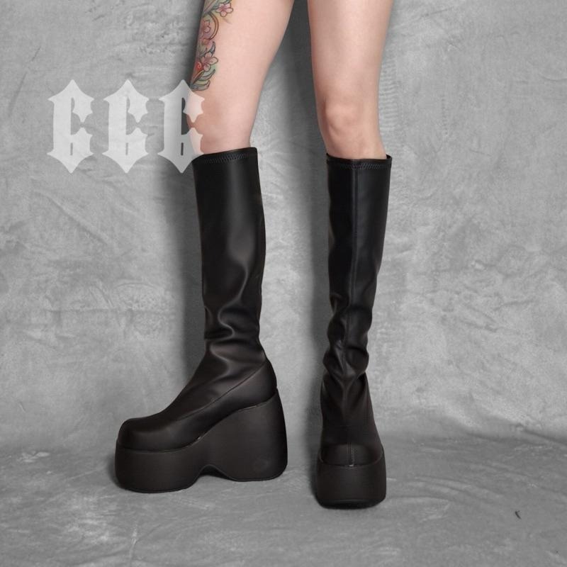 666 SHOP 「台灣現貨」35-43大碼10公分Y2K歐美中性暗黑厚底朋克風厚底增高坡跟高筒男女靴-細節圖8
