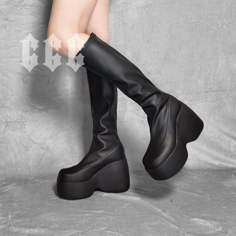 666 SHOP 「台灣現貨」35-43大碼10公分Y2K歐美中性暗黑厚底朋克風厚底增高坡跟高筒男女靴-規格圖9
