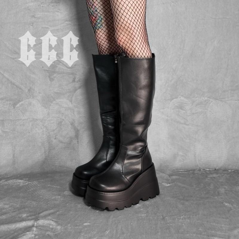 666 SHOP 「台灣現貨」歐美大碼35-43厚底側拉鍊鬆糕厚底靴朋克龐克暗黑褲帥硬妹辣妹鞋靴-細節圖3