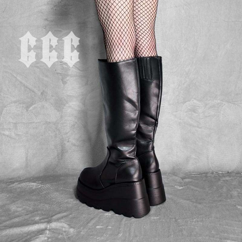 666 SHOP 「台灣現貨」歐美大碼35-43厚底側拉鍊鬆糕厚底靴朋克龐克暗黑褲帥硬妹辣妹鞋靴-細節圖4