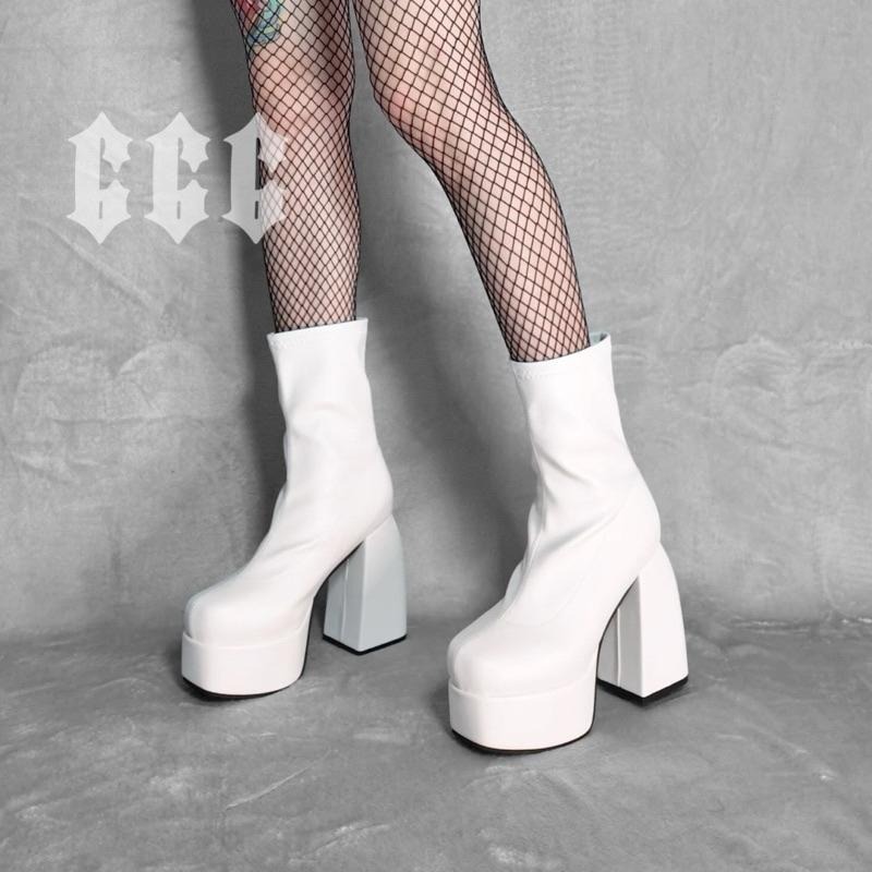 666 SHOP 「台灣現貨」35-43碼10cm歐美辣妹Y2K彈力粗跟高跟黑色白色中筒短筒厚底靴大碼-細節圖3