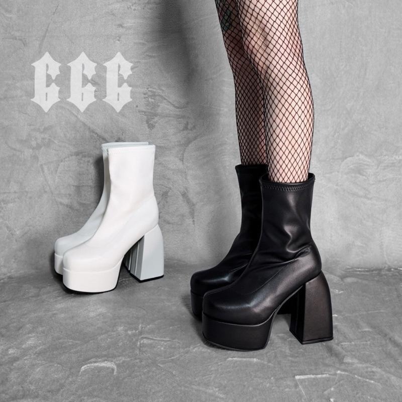 666 SHOP 「台灣現貨」35-43碼10cm歐美辣妹Y2K彈力粗跟高跟黑色白色中筒短筒厚底靴大碼-細節圖4