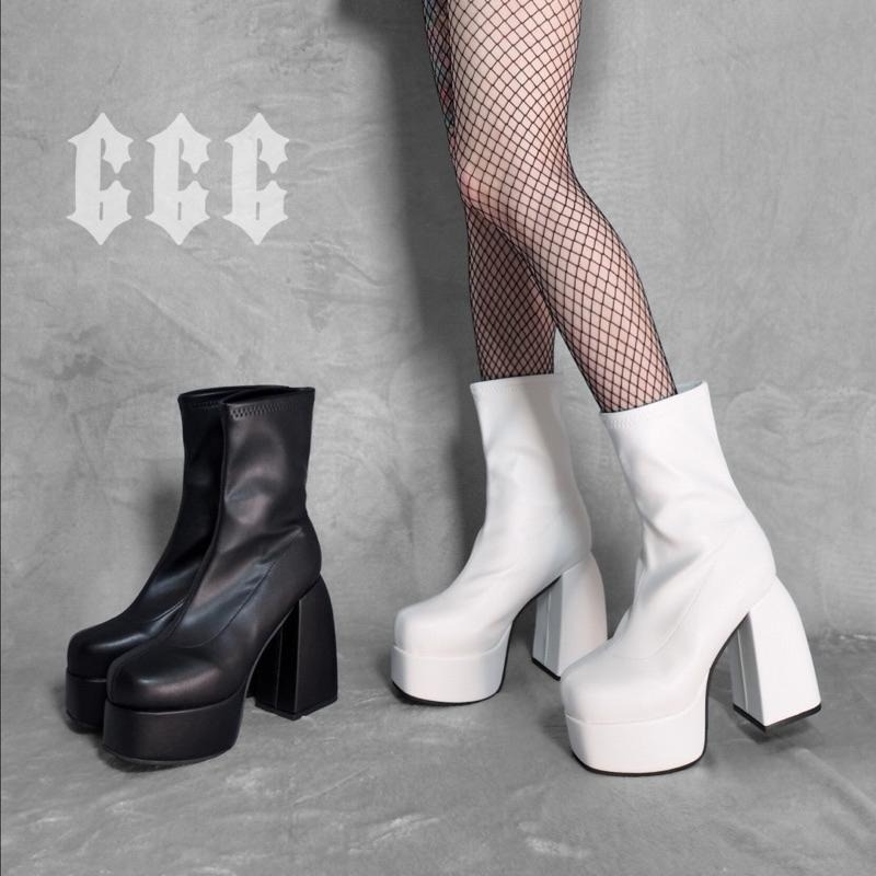 666 SHOP 「台灣現貨」35-43碼10cm歐美辣妹Y2K彈力粗跟高跟黑色白色中筒短筒厚底靴大碼-細節圖5