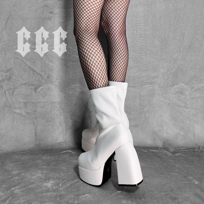 666 SHOP 「台灣現貨」35-43碼10cm歐美辣妹Y2K彈力粗跟高跟黑色白色中筒短筒厚底靴大碼-細節圖8