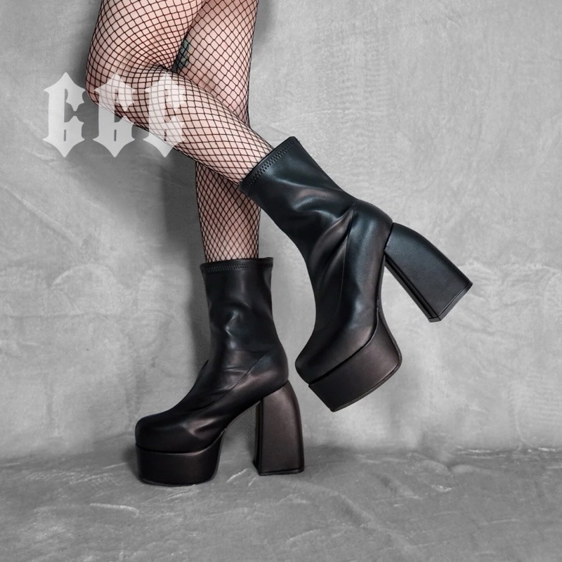 666 SHOP 「台灣現貨」35-43碼10cm歐美辣妹Y2K彈力粗跟高跟黑色白色中筒短筒厚底靴大碼-規格圖8