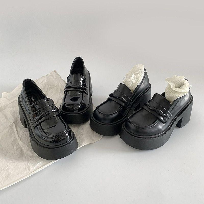 666 SHOP 「台灣現貨」35-40碼8.5cm厚底樂福鞋日系JK高跟小皮鞋淺口防水台粗跟-細節圖9