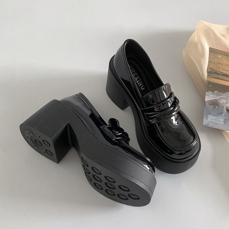 666 SHOP 「台灣現貨」35-40碼8.5cm厚底樂福鞋日系JK高跟小皮鞋淺口防水台粗跟-規格圖9