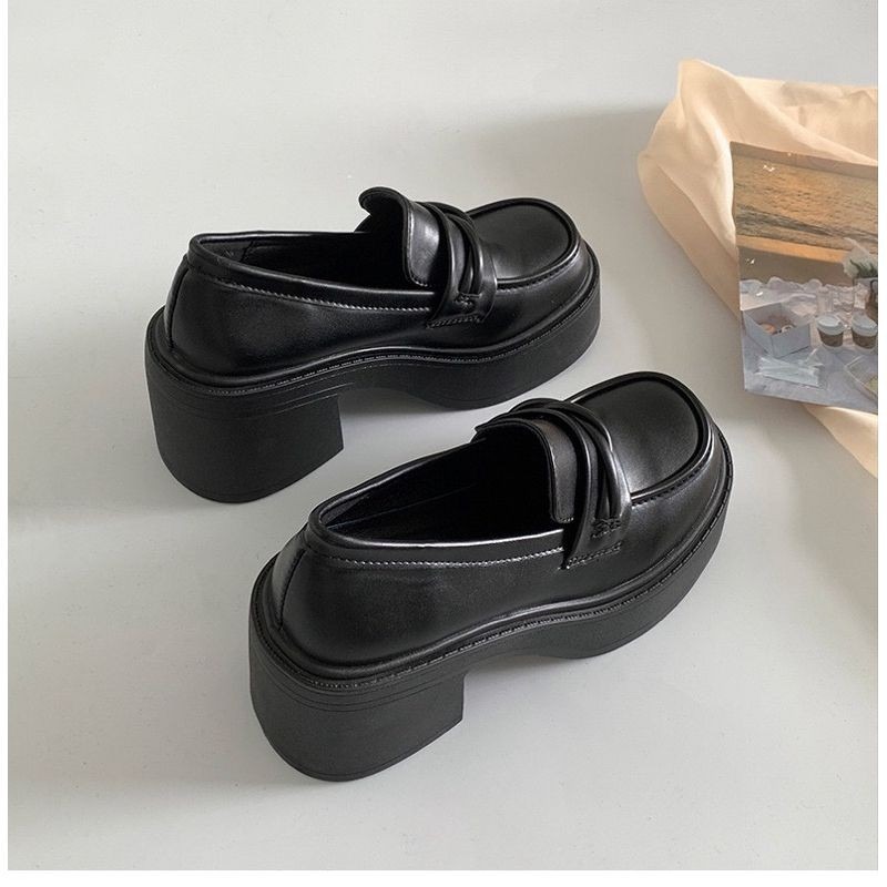 666 SHOP 「台灣現貨」35-40碼8.5cm厚底樂福鞋日系JK高跟小皮鞋淺口防水台粗跟-規格圖9