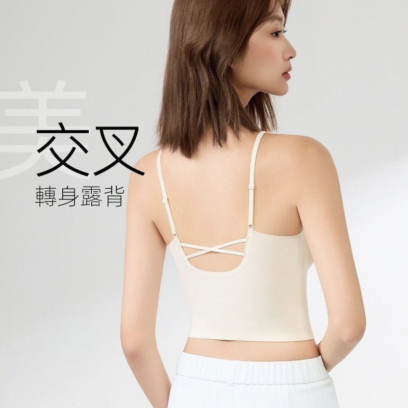 666 SHOP「台灣現貨」 自帶胸墊超舒適bra一體式吊帶背心打底內搭隱形粉底液內衣細肩帶可調整美背女內衣防走光背心-細節圖5