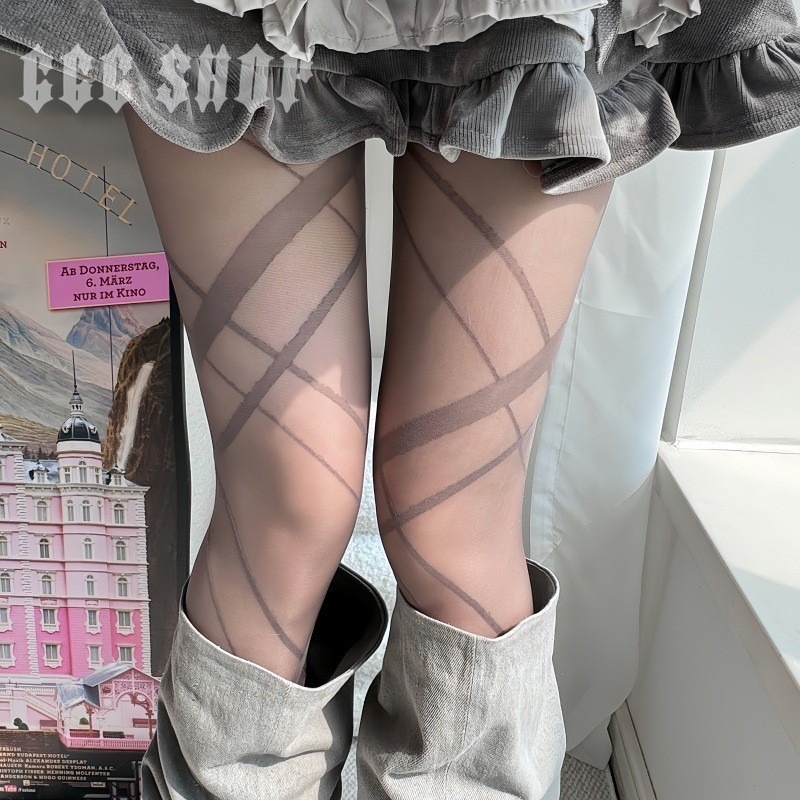 666 SHOP 「台灣現貨」法式復古純欲連褲襪黑絲 不規則線條綁帶顯瘦黑色絲襪交叉繫帶哥特風暗黑辣妹打底-細節圖3