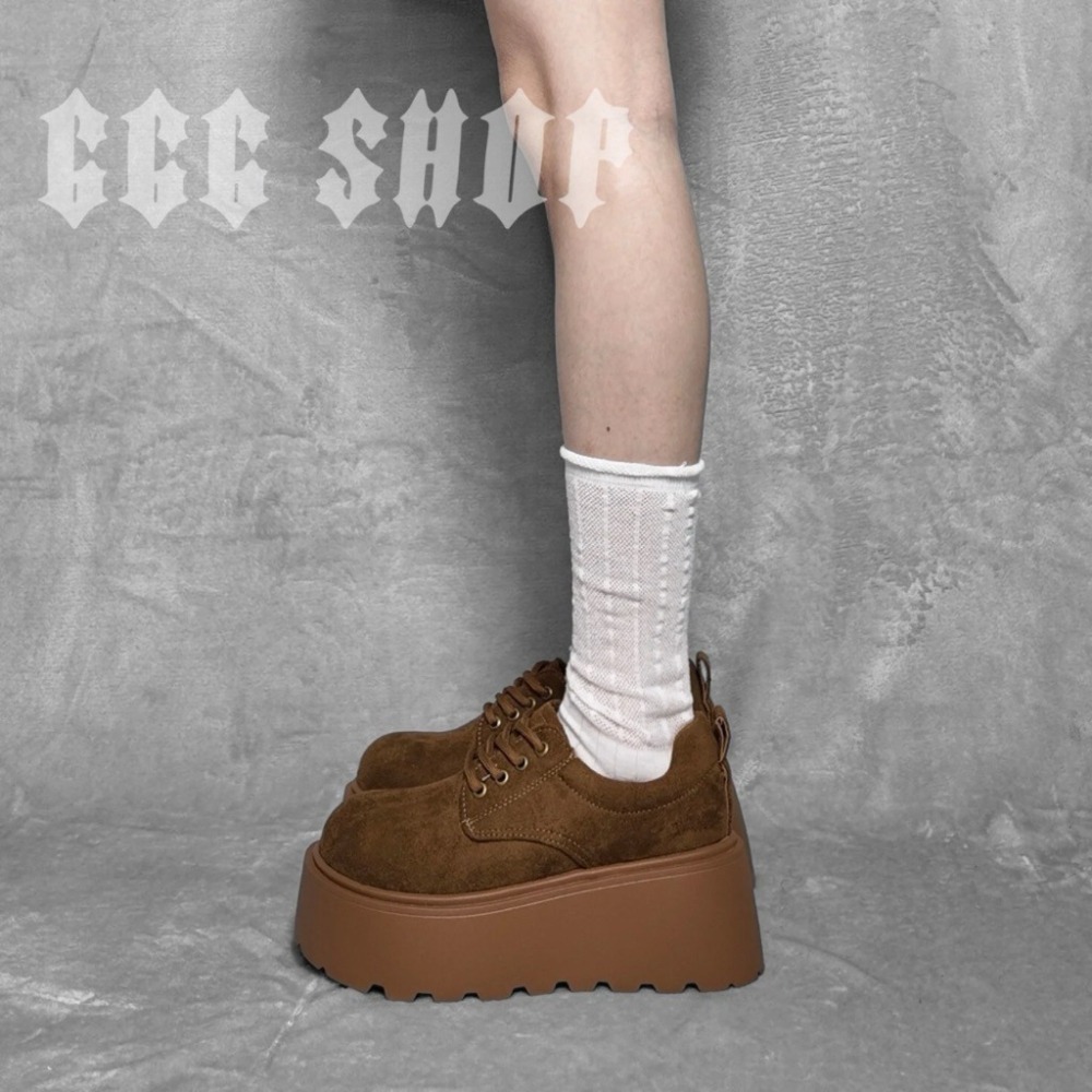 666 SHOP「台灣現貨」35-40碼7cm咖色棕色美拉德增高英倫風繫帶小個子鬆糕鞋厚底休閒百搭-細節圖4