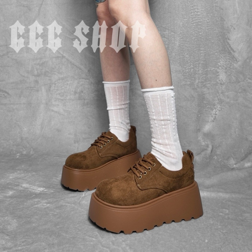 666 SHOP「台灣現貨」35-40碼7cm咖色棕色美拉德增高英倫風繫帶小個子鬆糕鞋厚底休閒百搭-細節圖6