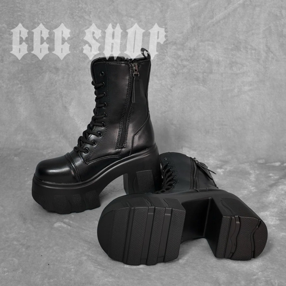 666 SHOP「台灣現貨」35-42碼11cm暗黑機能風街頭厚底短靴女靴增高跳舞cos繫帶綁繩側拉鍊雙拉鍊-細節圖4