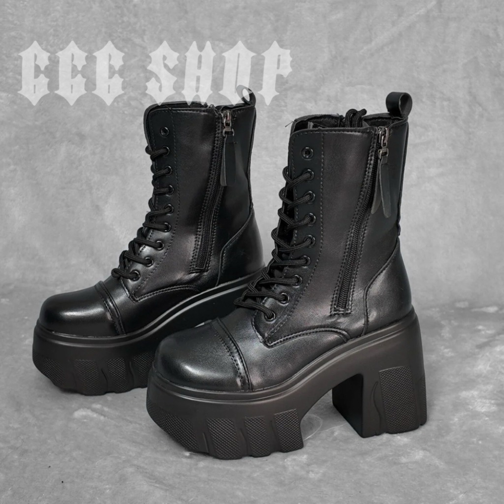 666 SHOP「台灣現貨」35-42碼11cm暗黑機能風街頭厚底短靴女靴增高跳舞cos繫帶綁繩側拉鍊雙拉鍊-細節圖5