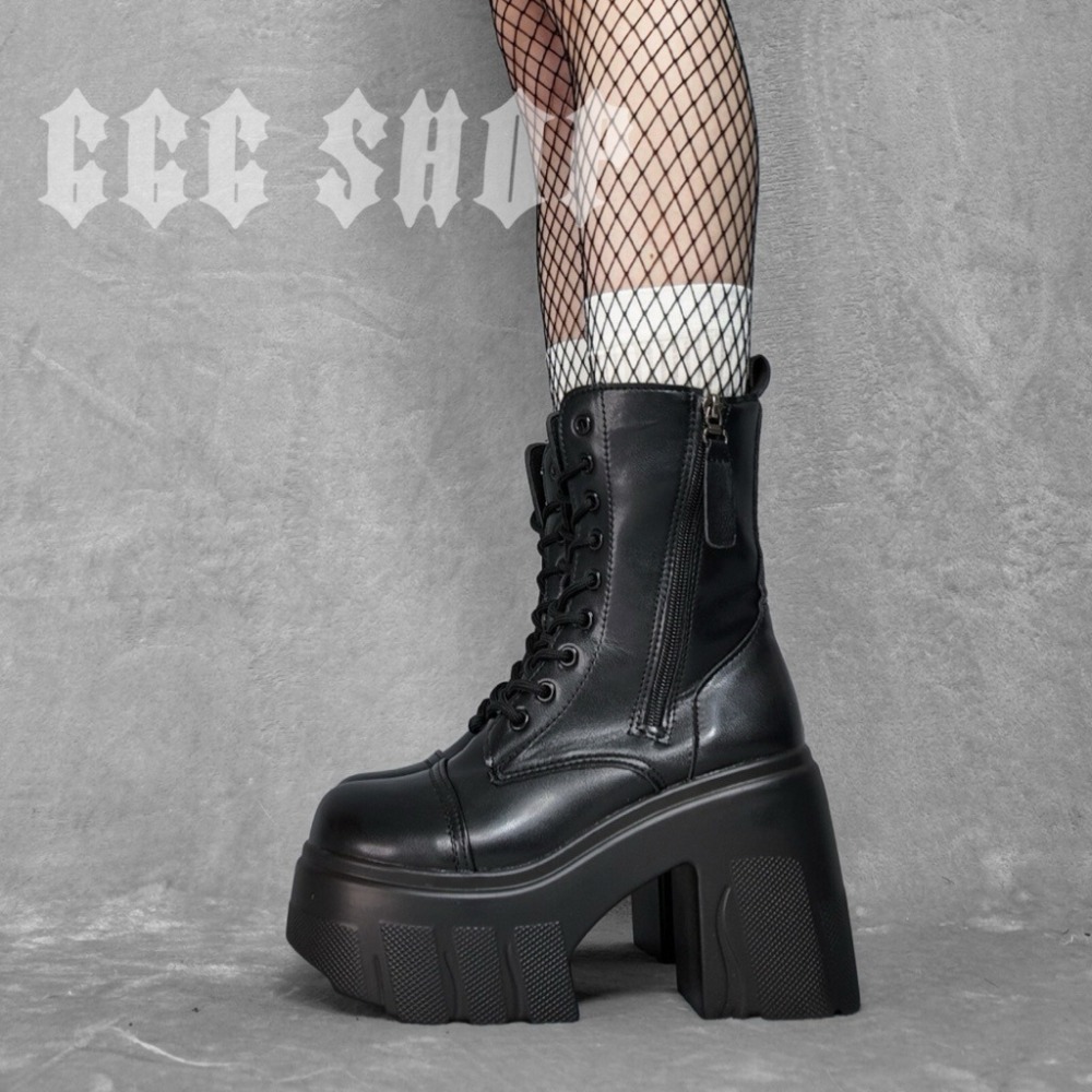 666 SHOP「台灣現貨」35-42碼11cm暗黑機能風街頭厚底短靴女靴增高跳舞cos繫帶綁繩側拉鍊雙拉鍊-細節圖3
