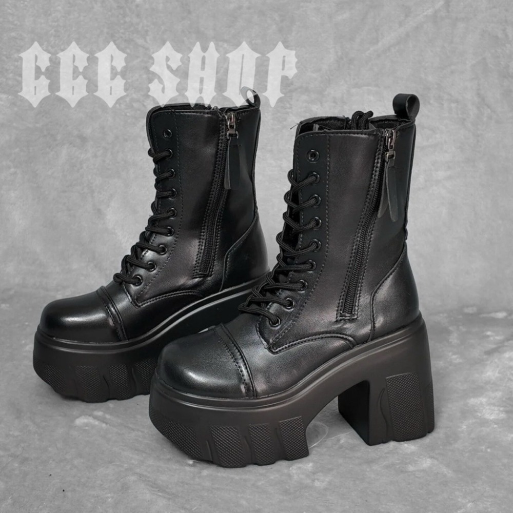 666 SHOP「台灣現貨」35-42碼11cm暗黑機能風街頭厚底短靴女靴增高跳舞cos繫帶綁繩側拉鍊雙拉鍊-細節圖5