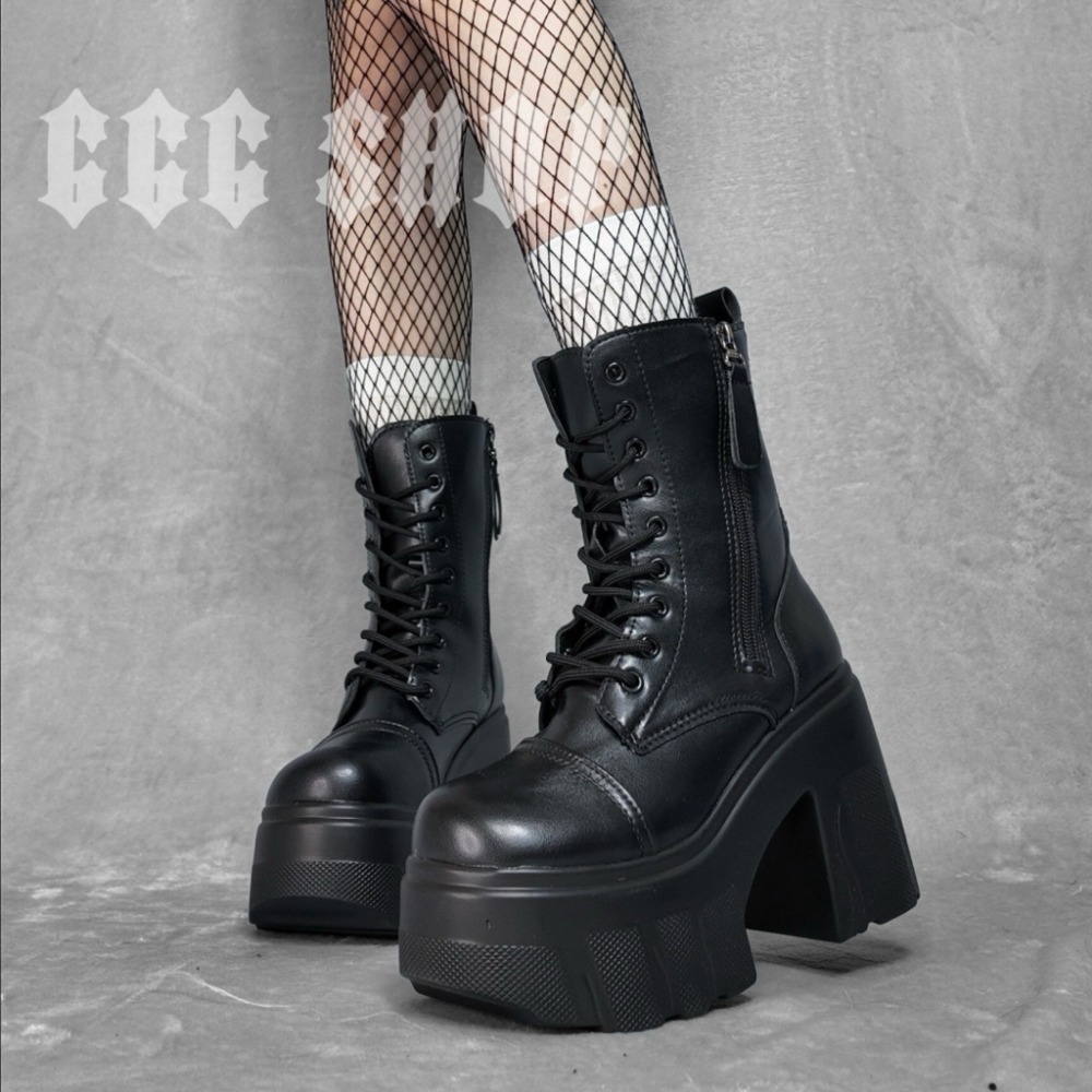 666 SHOP「台灣現貨」35-42碼11cm暗黑機能風街頭厚底短靴女靴增高跳舞cos繫帶綁繩側拉鍊雙拉鍊-規格圖6