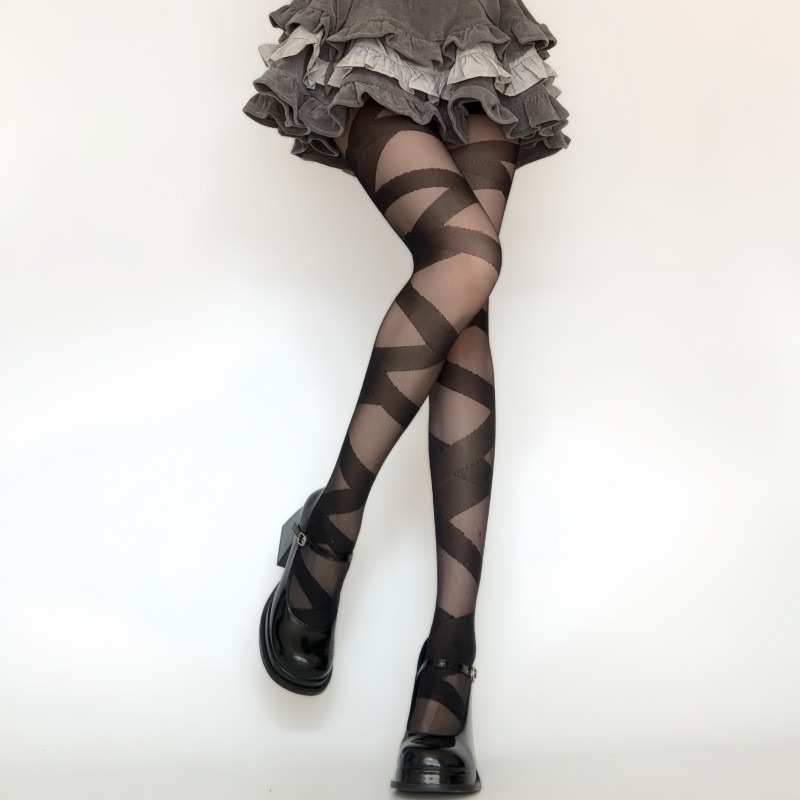 666 SHOP 「台灣現貨」 lolita交叉綁帶連褲過膝繃帶鏤空半透絲襪洛麗塔襪子 白捆綁襪 絲襪性感百搭-細節圖2