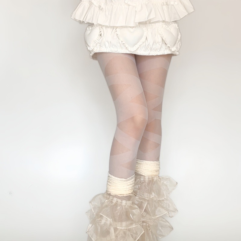 666 SHOP 「台灣現貨」 lolita交叉綁帶連褲過膝繃帶鏤空半透絲襪洛麗塔襪子 白捆綁襪 絲襪性感百搭-細節圖4