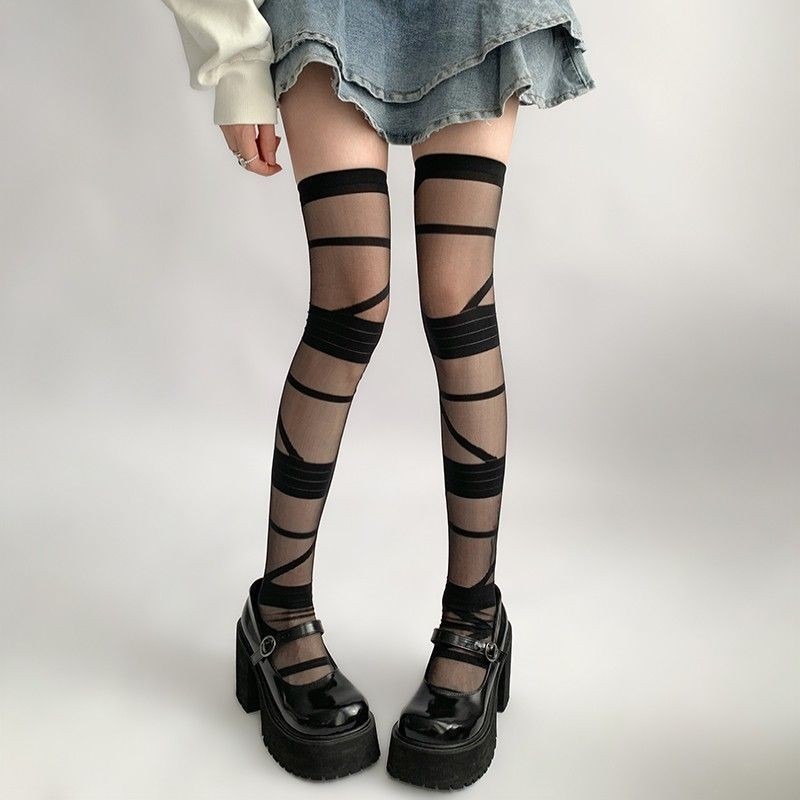 666 SHOP 「台灣現貨」日系綁帶堆堆襪辣妹黑白色繃帶長筒過膝絲襪女洛麗塔襪薄款條紋襪大腿襪絲襪-細節圖3
