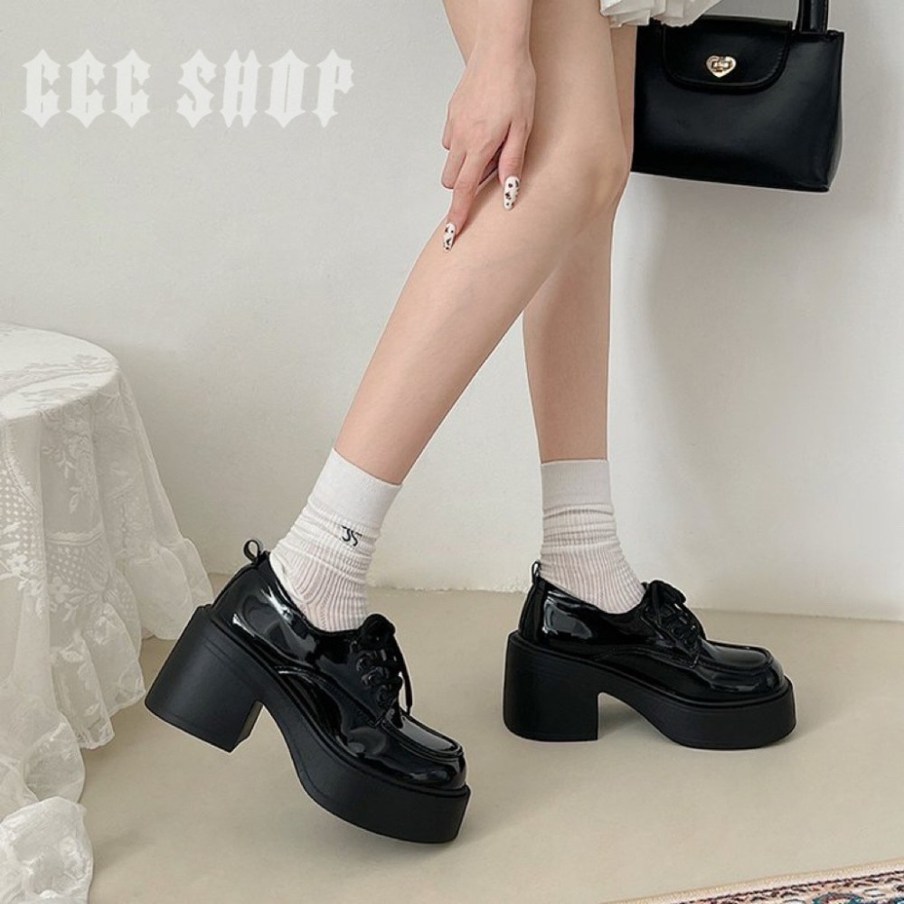 666 SHOP 「台灣現貨」35-40碼8.5cm繫帶綁帶厚底樂福鞋日系JK高跟小皮鞋淺口防水台粗跟-細節圖4