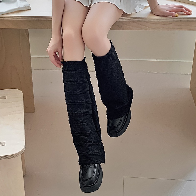 666 SHOP 「台灣現貨」日系夏季薄款蝴蝶結綁帶甜美喇叭闊腿襪套長筒jk小腿襪LOlita黑色腿套堆堆襪套透氣百搭-細節圖8