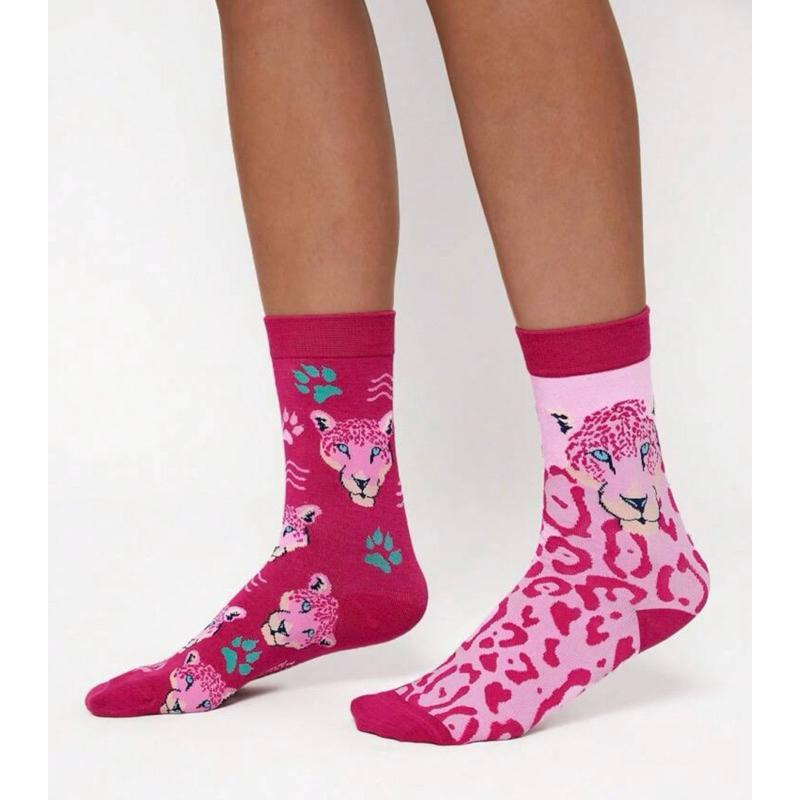 Animal Planet 雙色中筒女款襪 粉紅 豹 動物-細節圖2