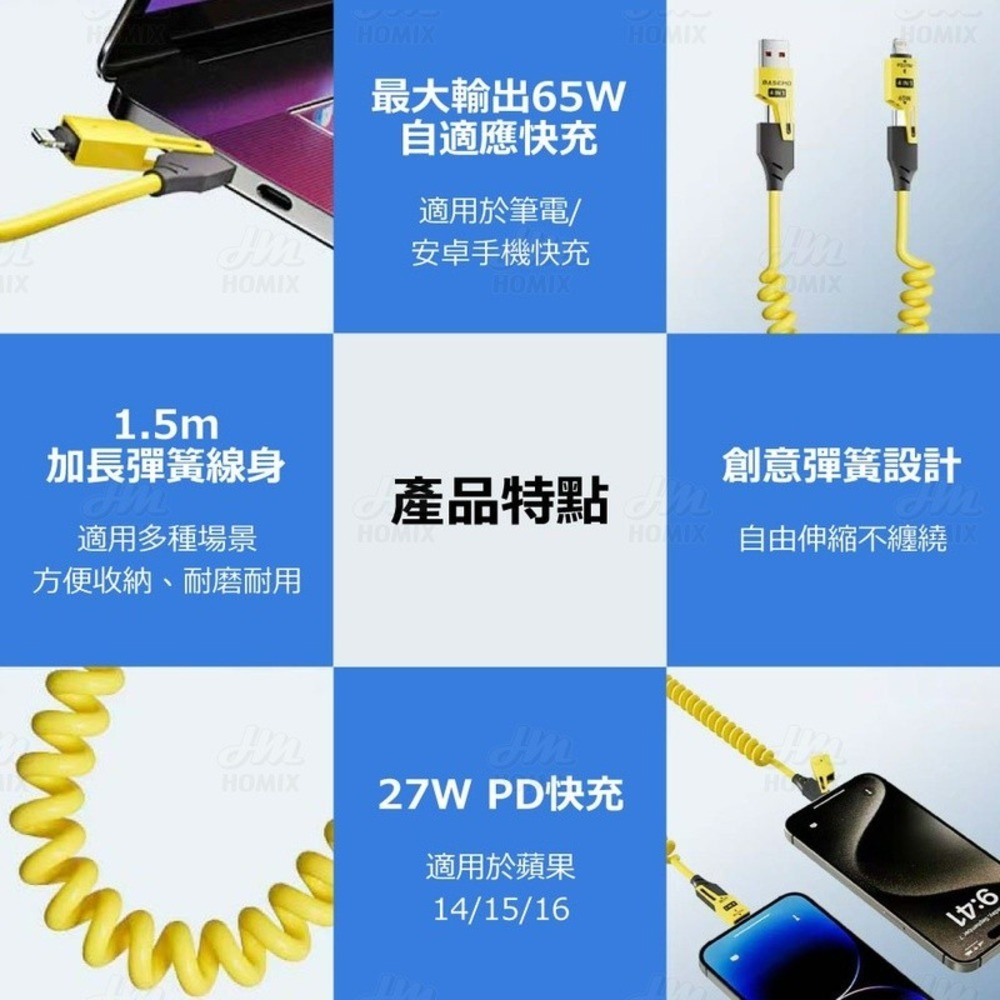 『來人客』 倍魔 65W四合一彈簧充電線 快充 Type-C 手機充電線 PD充電 快充 蘋果充電線-細節圖5