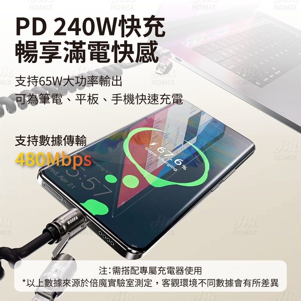 『來人客』 倍魔 240W火箭彈簧快充線 四合一充電線 PD快充線 2拖2 數據線 彈簧充電線 車用充電線-細節圖2