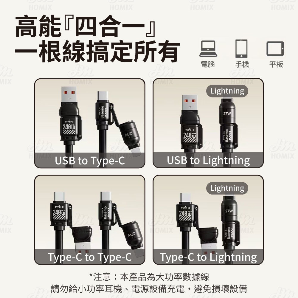 『來人客』 倍魔 240W火箭彈簧快充線 四合一充電線 PD快充線 2拖2 數據線 彈簧充電線 車用充電線-細節圖3