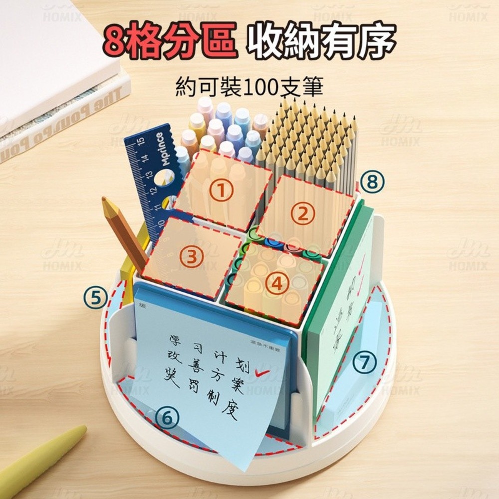 『來人客』 貓太子 三合一便條筆筒 三合一筆筒 便條筆筒 360度旋轉筆筒 文具收納盒 分隔收納筆筒 旋轉筆筒-細節圖3