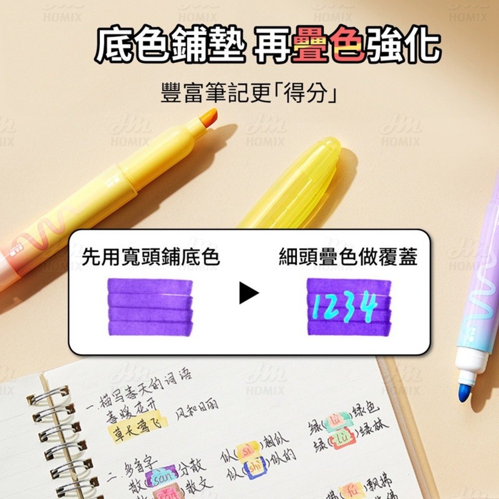 『來人客』 貓太子 大容量雙頭螢光筆 雙頭螢光筆 大容量螢光筆 記號筆 手帳筆 重點筆 12色 重點螢光筆 疊色-細節圖4