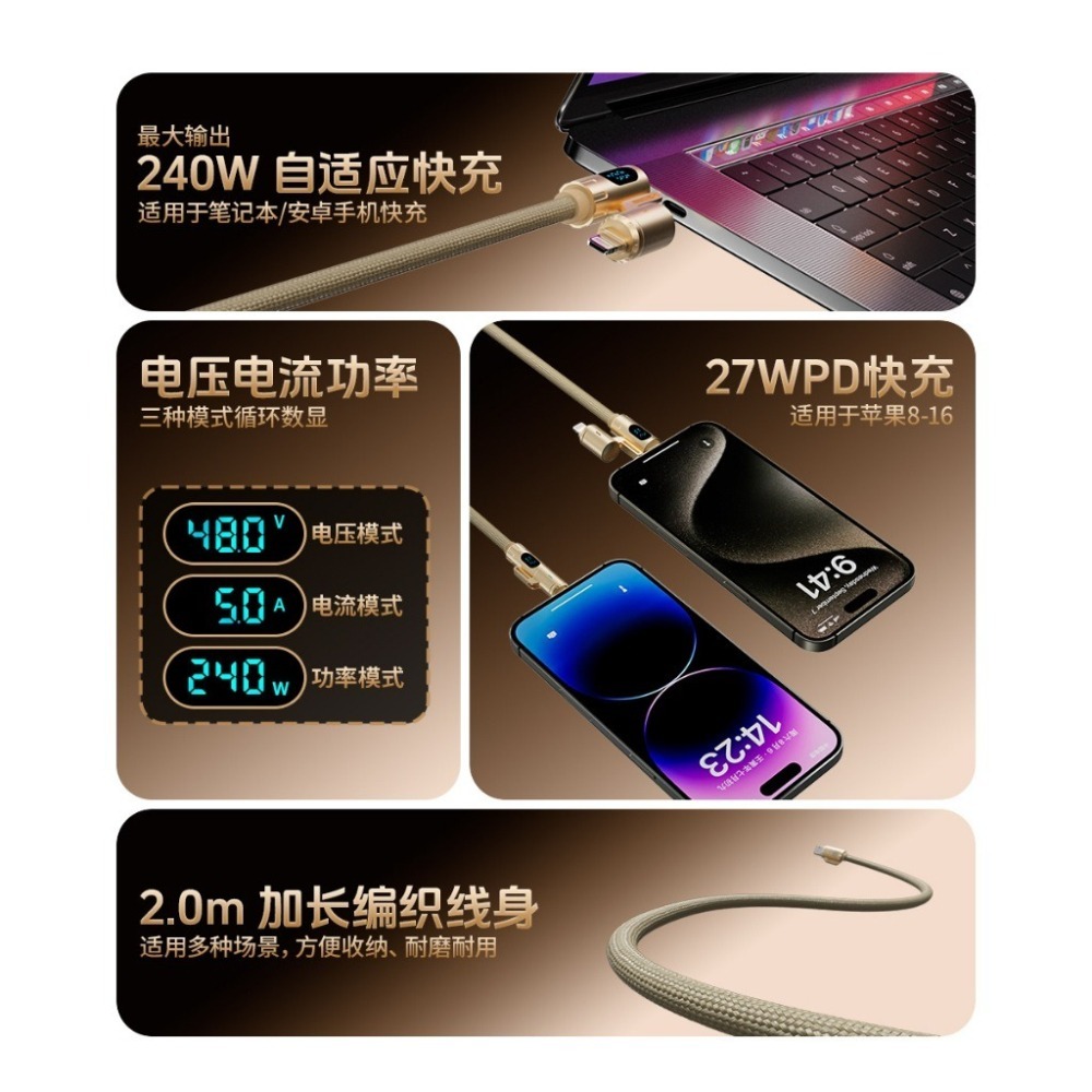 『來人客』 倍魔 240W智能超屏四合一編織快充線 PD快充線 智能充電線 數顯 編織快充線-細節圖5