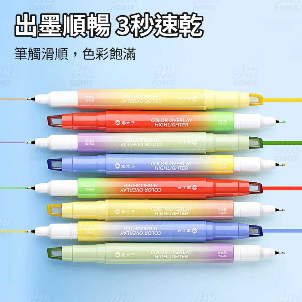 『來人客』貓太子 疊色不擋字筆記螢光筆 雙頭螢光筆 大容量螢光筆 記號筆 手帳筆 重點筆 8色 重點螢光筆 疊色 細字-細節圖6