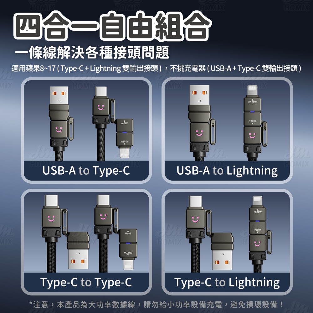『來人客』倍魔240w笑臉四合一快充數據線 編織線 充電線 type c 充電 雙Type-c 快充線 PD充電線-細節圖6