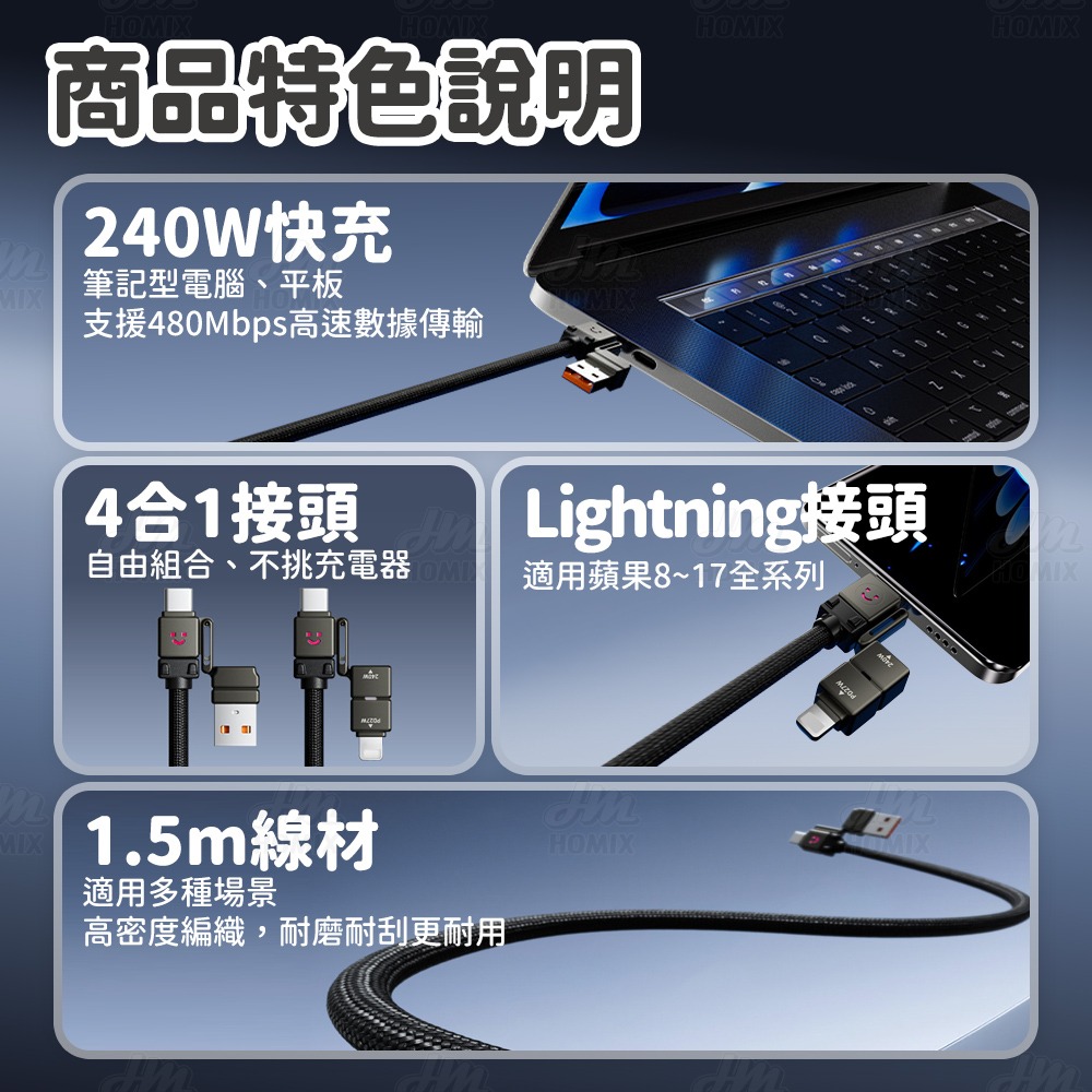 『來人客』倍魔240w笑臉四合一快充數據線 編織線 充電線 type c 充電 雙Type-c 快充線 PD充電線-細節圖8