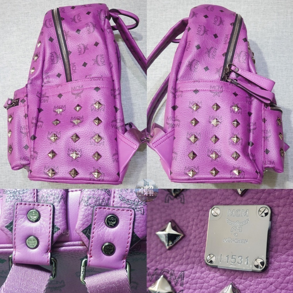 【二手現貨】MCM 皮革鉚釘後背包 紫色 肩背包 手提包 包包 官方正品（已絕版）-細節圖2