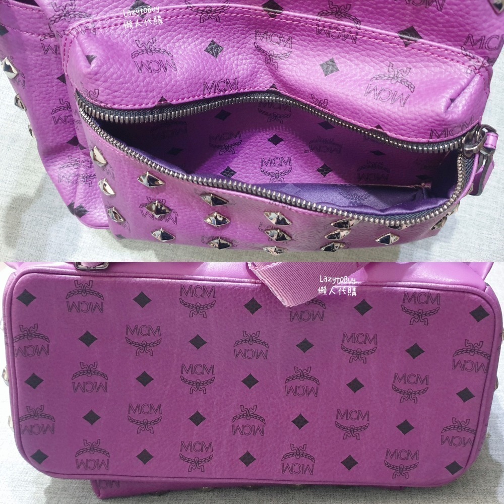 【二手現貨】MCM 皮革鉚釘後背包 紫色 肩背包 手提包 包包 官方正品（已絕版）-細節圖3