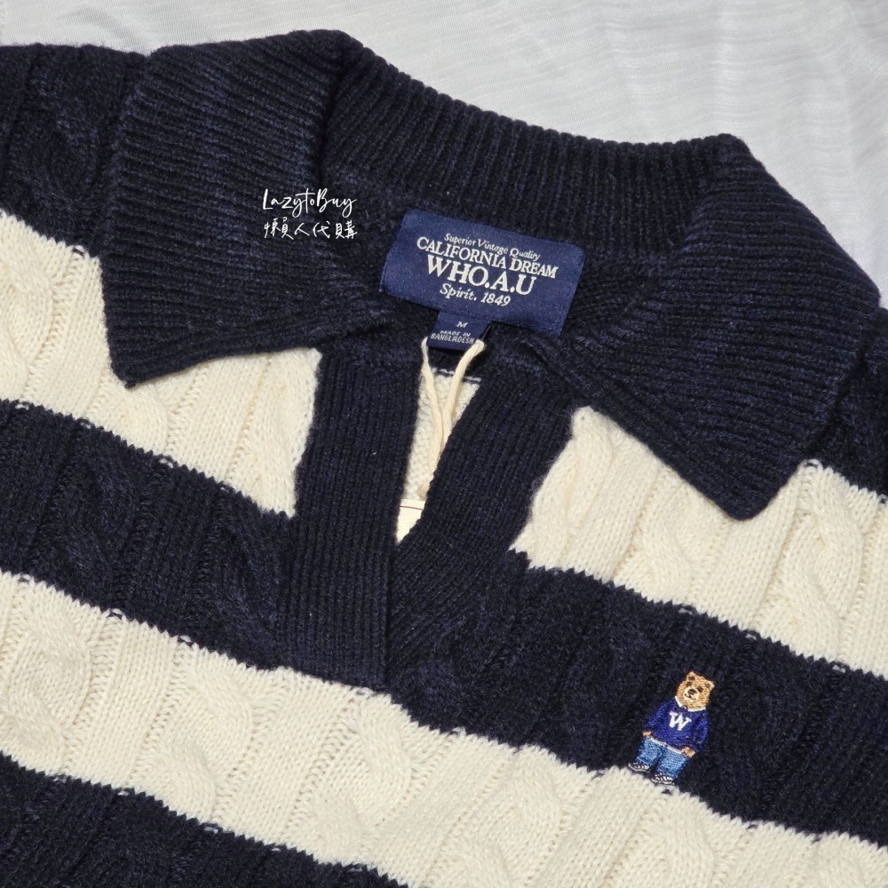 【現貨】WHO.A.U 條紋開領套頭針織衫 毛衣 針織 M號 長袖針織衫 服飾 官方正品 韓國品牌 含吊牌（已絕版）-細節圖2