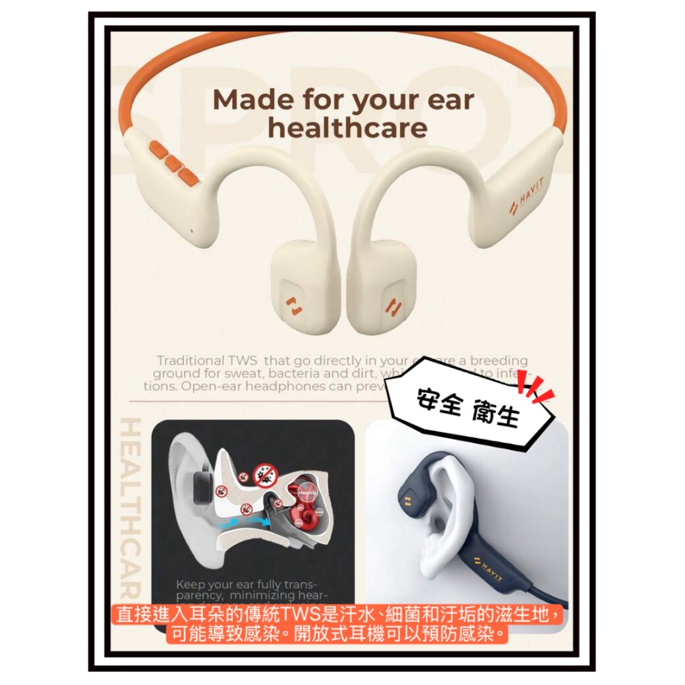 HAVIT 海威特Freego1 氣導無線耳機 Air 360度環繞立體聲 藍牙 空氣傳導耳機(12H高續航/-細節圖4